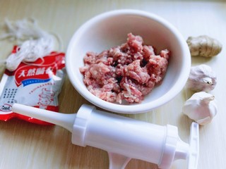 1、自制蒜香脆皮肠,准备食材。准备食材。我超市买的猪后腿肉，让店员帮忙搅好的肉糜。
