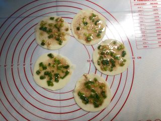 2、葱油饼,取出几片饺子皮摆在垫板上，用刷子刷上葱花油。
