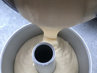 14、淡奶油香草味戚风,倒入模具中。