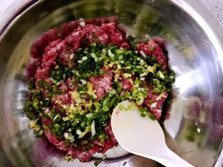 4、茴香饺子，最美的遇见,加入小葱、盐搅上劲。