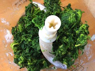 5、辅食计划+荠菜鱼肉丸,荠菜焯水后过凉水，挤干水分放绞肉机里搅成碎末