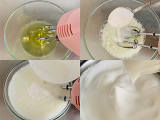 5、香醇的咖啡慕斯,蛋清用打蛋器打至大鱼眼泡时加入第一次糖，继续打出纹路时加入剩余的糖。蛋清打发至中性发泡即可，提起打蛋头有小弯勾。