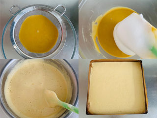 6、香醇的咖啡慕斯,打好的蛋白取二分之一与蛋黄液充分搅拌均匀后，再将剩余的蛋白全部倒入，再次搅拌均匀。将搅拌好的面糊倒入烤盘中，轻轻提起烤盘再让烤盘落下，震出大气泡。