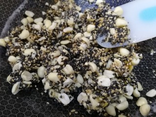 14、芝麻花生糖,倒入黑芝麻和白芝麻，快速翻拌均匀。