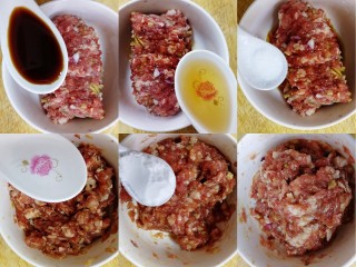 8、炸茄盒,肉馅放到碗里，分别放一勺生抽，一勺料酒，一小勺盐，一勺水，一小勺淀粉，搅匀上劲。