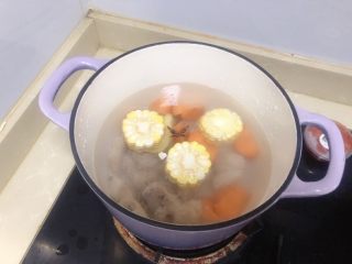 12、胡萝卜玉米排骨汤,放姜片和大料开火慢炖