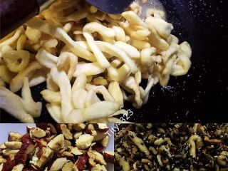 6、自制沙琪玛,快速将做好的面粉条倒入搅拌,倒入材料速度翻炒混合均匀