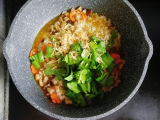 7、宝宝辅食—杂蔬虾皮猪肉烩饭,煮至汤汁收了一半，倒入青菜和虾皮
