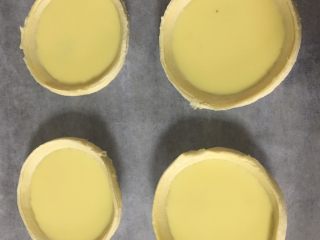 7、葡式蛋挞,7️⃣ 倒入蛋挞皮中，我这个量刚好够4个。烤箱事先210°C预热10分钟，放入蛋挞210°C上下火烤20-25分钟，中间可以随时观察下烤的情况，如果差不多好了就拿出来。
