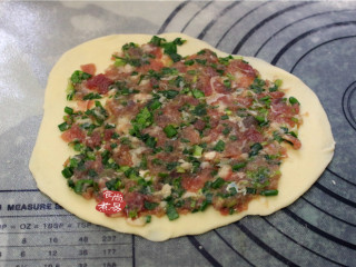 8、香葱煎肉饼,面皮上涂抹一层馅料,四边留一点空隙,等会捏起来容易黏合。