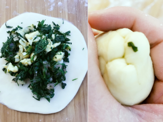 5、宝宝辅食：老妈牌薄麦饼-24M+,取一个面团，直接用手按或擀面杖擀成小小的饼状，放入提前准备好的馅料，用虎口收口，把上面多余的部分揪下来，收口用手捏紧（没有像包包子那样做，这样操作可以保持每一边的面皮都比较均匀哈。