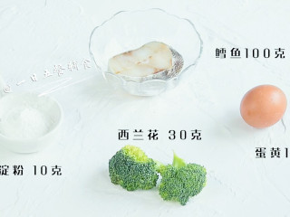 1、西兰花鱼丸,食材：鳕鱼100克，西兰花 30克，蛋黄1个，淀粉 10克