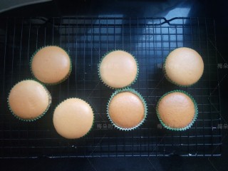 15、纸杯蛋糕（不塌不裂）,此配方能做8个纸杯蛋糕。(有一个出炉就被吃掉了????）烤好的蛋糕取出带着烤盘端起来轻震几下，然后放在晾网上凉一下。不需要倒扣。烤好的蛋糕不开裂，不塌陷。
