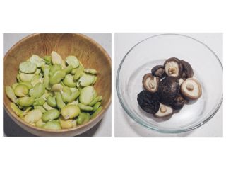 2、清炒蚕豆香菇虾,在一个炖锅或汤锅里,倒入水煮开,将新鲜蚕豆去皮掰成两半,干香菇提前冷水泡发好后,烫至断生捞起备用。香菇切丝。