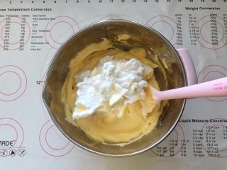 11、 美容养颜、营养健康的南瓜戚风蛋糕,11、倒入剩余的蛋白霜中。