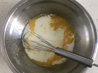 3、8寸巧克力戚风蛋糕????,先处理蛋黄糊，把蛋黄搅散，再加入10克糖，3克盐，50克油，80克牛奶搅拌至乳化状态