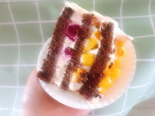 18、8寸巧克力戚风蛋糕????,做好的蛋糕，里面放的芒果和火龙果