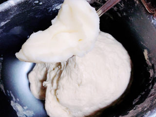 2、梅干菜肉包,面揉成团，加入猪油，继续揉面。