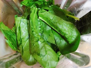 2、菠菜鸡蛋糕（豆浆版）,将菠菜撕断放入破壁机中。