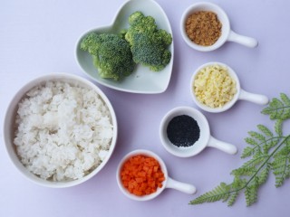 1、西兰花肉松芝士饭团,????准备食材????：米饭一碗，胡萝卜半根，肉松1大勺，西兰花100g，马苏里拉芝士碎适量，盐少许。