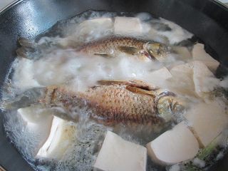 8、想补钙就喝鲫鱼豆腐汤,放入煎好的鱼、热水,大火烧开后继续煮9分钟,捞去表面浮沫