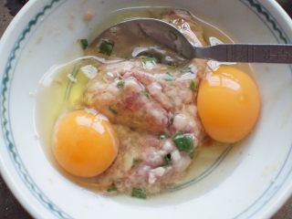 5、葱花肉末蒸蛋,加入两个鸡蛋充分搅拌均匀