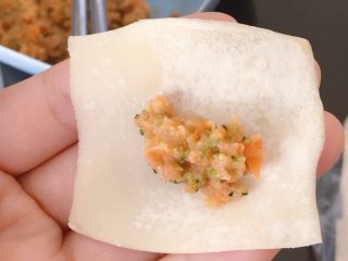 8、胡萝卜西兰花蛋黄猪肉小馄饨,第一种包法:取适量馅料放在饺子皮上(不要贪心,放多了会露馅????)