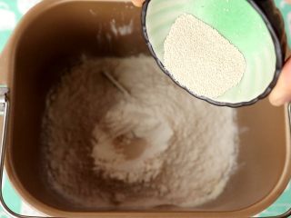 3、金钱小面包,再依次倒入奶粉、高筋面粉，将酵母埋入面粉中