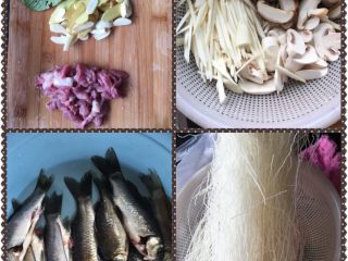 1、野生鲫鱼面#健康美颜餐#,准备材料，鲫鱼我首先都洗好了，瘦肉切丝、蘑菇、香菇、茭白都洗干净切成丝