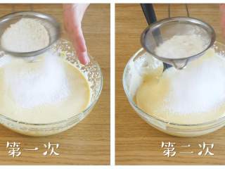 4、12m+无水蜂蜜蛋糕（宝宝辅食）,分两次筛入面粉，每次筛入之后都要翻拌均匀~