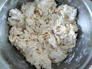 2、#猪五花#  白菜猪肉锅贴,加入适量温水，搅拌成棉絮状