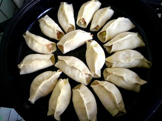 14、#猪五花#  白菜猪肉锅贴,电煎锅放入适量植物油，放入做好的锅贴，煎两分钟，使底部变硬，锅贴成形