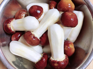 1、小鸡炖蘑菇粉条,准备好松茸蘑菇,洗净待用。