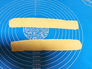 29、宝宝健康食谱  猫爪饼干,分别擀成3㎝厚的面皮，长度与可可面条大致相当