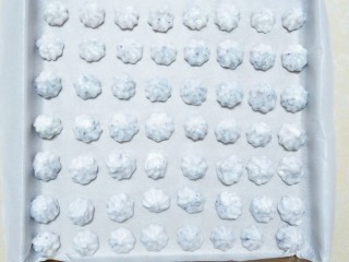 13、鲜草莓，蓝莓溶豆,把拌好的蛋白快速放入裱花袋里，轻轻的握住裱花袋，在预先铺好油纸的烤盘里挤出花型！一定要快！在挤之前就一定要先把烤箱，开热风烤预热到一百度！