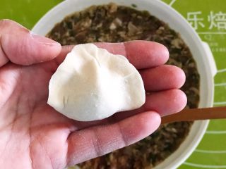 21、宝宝水饺,取一个面皮,加入1勺馅料,包成一个小巧玲珑的小饺子
