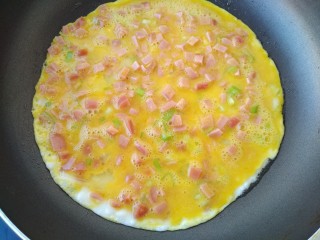 9、芝士火腿鸡蛋卷,摊入鸡蛋液，均匀摊开