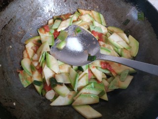 14、西红柿西葫芦炒肉片,放入适量盐翻炒，使西红柿成汁，完全浸入西葫芦中，使西葫芦变成红色