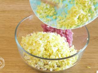 8、12m+彩色饺子（宝宝辅食）,猪肉馅、木耳碎、香菇碎、白菜碎放入碗中~