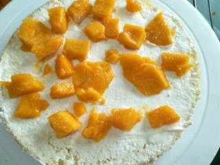 11、白雪公主蛋糕,蛋糕片上涂上奶油放上切碎的芒果,再涂上奶油。