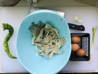 1、平菇炒鸡蛋,所有用到的食材都在这里了;