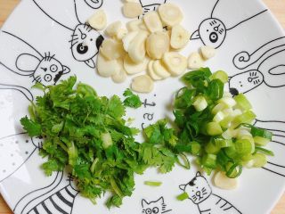 5、腐乳菜花,葱、蒜、香菜切碎待用。