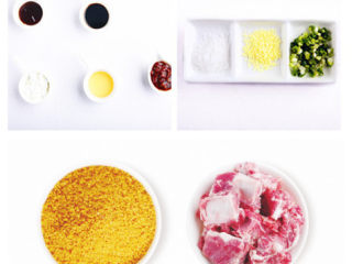 1、小米蒸排骨,准备好食材,葱洗净,切成葱花状备用,虽然看着挺多,其实都是配料比较多^_^