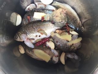 5、酥闷鲫鱼,将鲫鱼码放锅内,放入调料。