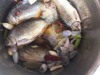 6、酥闷鲫鱼,加入清水(漫过鱼)、2勺料酒、3勺老抽、4勺醋、2勺白糖、2勺盐、花椒少许、蒜、香叶、大料、辣椒。