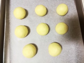 13、仿真蛋黄酥~宝宝辅食食谱,全部包好后,放入铺好油纸的烤盘中,做了八份。