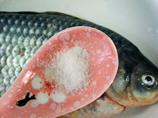 2、白鲫鱼豆腐汤,用盐腌制10分钟