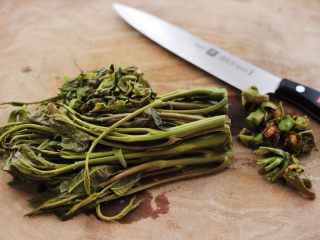 4、磷虾香椿翠玉饺子????【宝宝辅食】,焯好的香椿沥干水份后用刀去掉香椿头