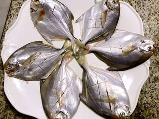 2、清蒸鲳鱼,每条鱼依次在反正面用刀划几刀但不要划断这样易于入味摆入盘中