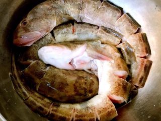 2、鲶鱼炖豆腐,鲶鱼的背部切成段状但不要切断这样更易于入味